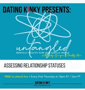 A promo poster for Dating Kinky: Untangled - teal background, black and white text, graphic that looks like a cross between an electron orbit diagram and a ball of yarn